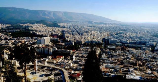 View from mountain of St. Isidore Church Ekklisia Agii Isidori, Athens, Greece